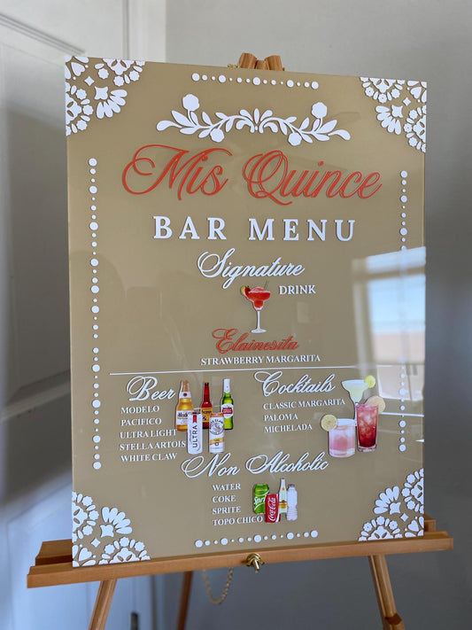Bar Menu Sign, Quinceañera Bar Menu, Customized Bar Menu, Bar Menu Acrylic sign
