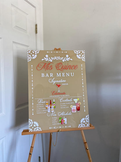 Bar Menu Sign, Quinceañera Bar Menu, Customized Bar Menu, Bar Menu Acrylic sign