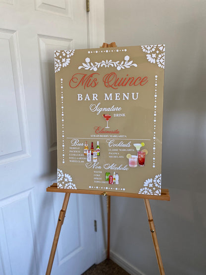 Bar Menu Sign, Quinceañera Bar Menu, Customized Bar Menu, Bar Menu Acrylic sign